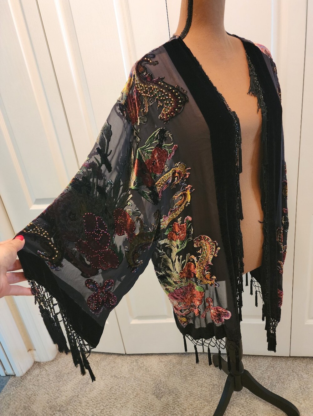 J.B.S Vintage Boho Velvet Burnout Silk Blend Black Floral Oversized Kimono